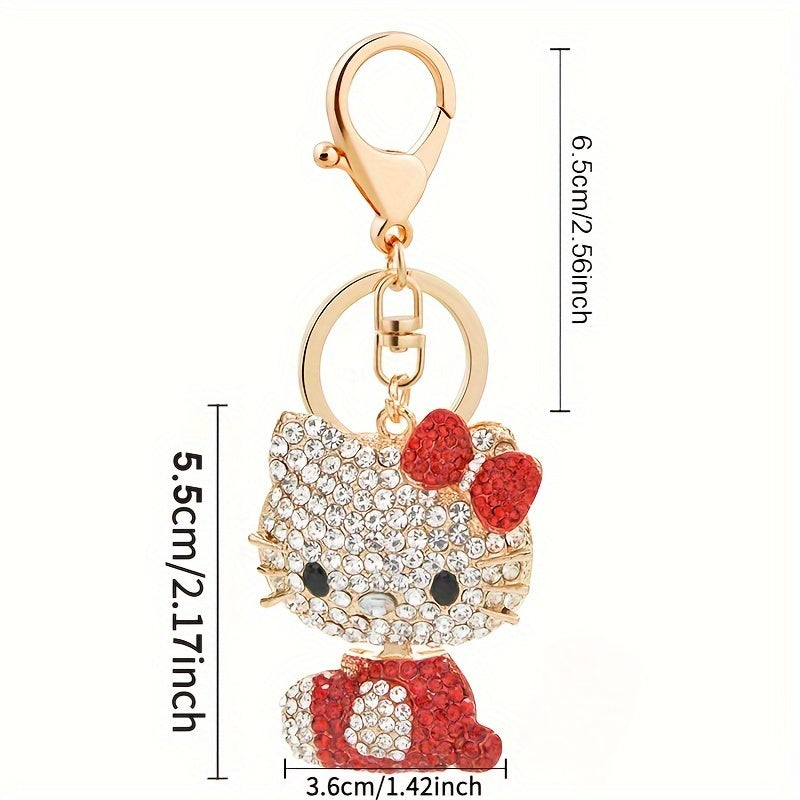 Sanrio Cartoon Cat Keychain, Rhinestone-Encrusted Alloy Metal, Ladies Fashion Key Ring, Single Piece, Valentine'S Day Gift, Decorative Bag & Car Charm with Ring Buckle